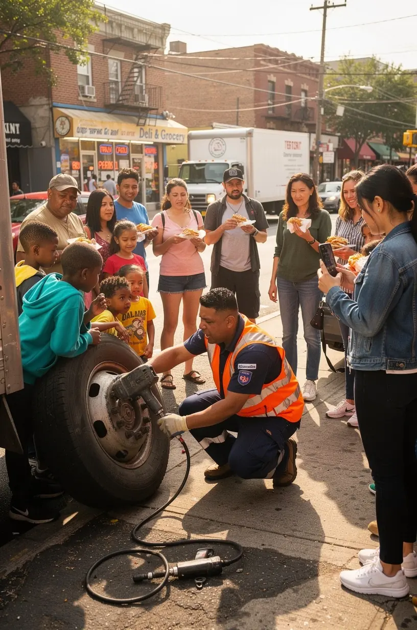 On-site tire replacement showing a technician removing an old tire from a vehicle in a city parking lot.